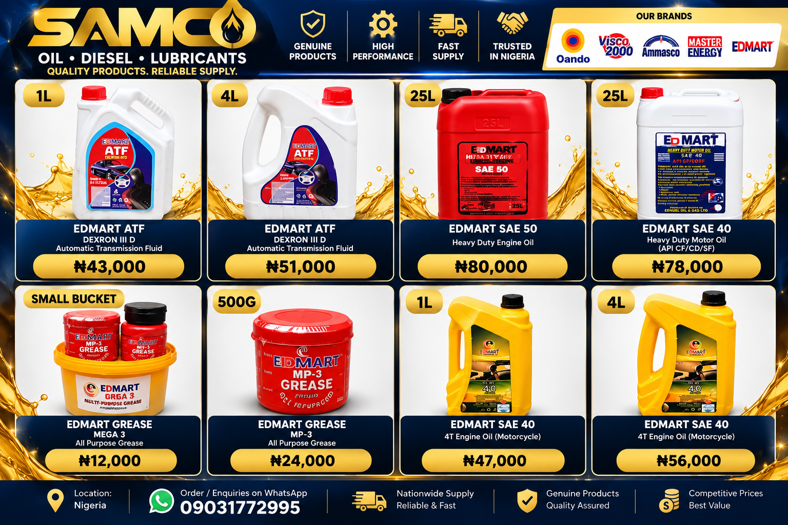SAMCO product catalogue poster with confirmed product prices